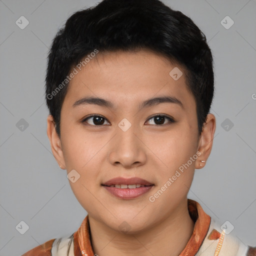 Joyful asian young-adult female with short  brown hair and brown eyes