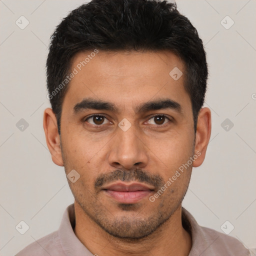 Neutral latino young-adult male with short  black hair and brown eyes