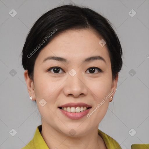 Joyful white young-adult female with medium  brown hair and brown eyes