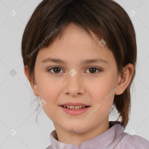 Joyful white child female with medium  brown hair and brown eyes