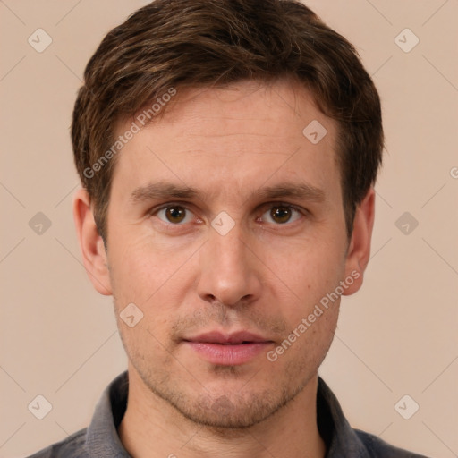 Neutral white young-adult male with short  brown hair and brown eyes