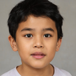 Joyful asian child male with short  brown hair and brown eyes