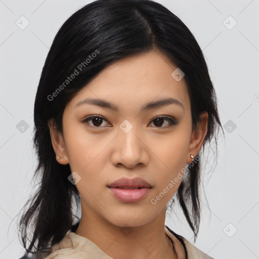 Joyful asian young-adult female with medium  black hair and brown eyes