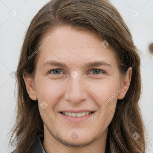 Joyful white young-adult female with long  brown hair and grey eyes