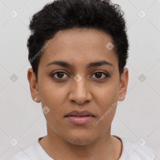 Joyful latino young-adult female with short  brown hair and brown eyes