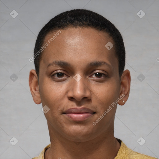 Joyful latino young-adult female with short  brown hair and brown eyes