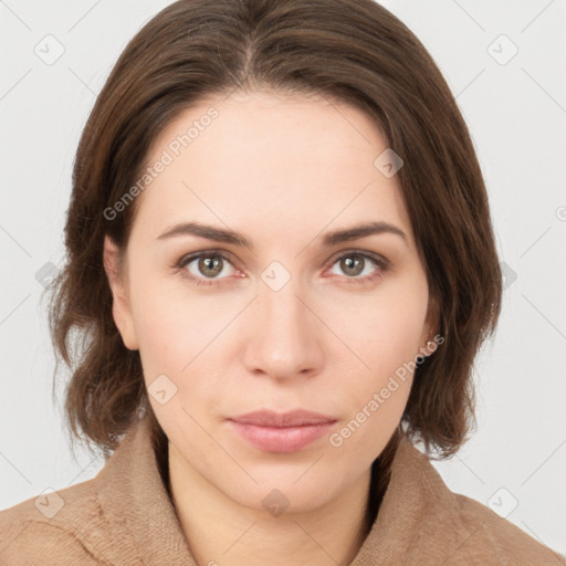 Neutral white young-adult female with medium  brown hair and brown eyes