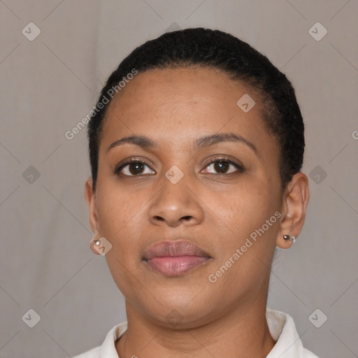 Neutral black young-adult female with short  black hair and brown eyes