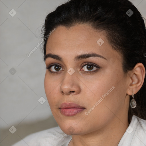 Neutral white young-adult female with short  brown hair and brown eyes