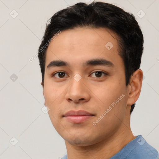 Neutral asian young-adult male with short  black hair and brown eyes