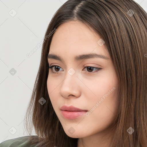 Neutral white young-adult female with long  brown hair and brown eyes