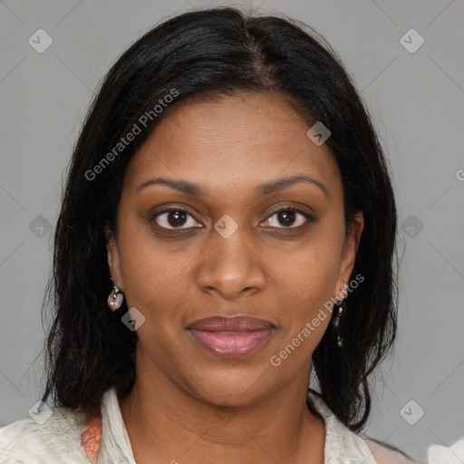 Joyful black young-adult female with medium  brown hair and brown eyes
