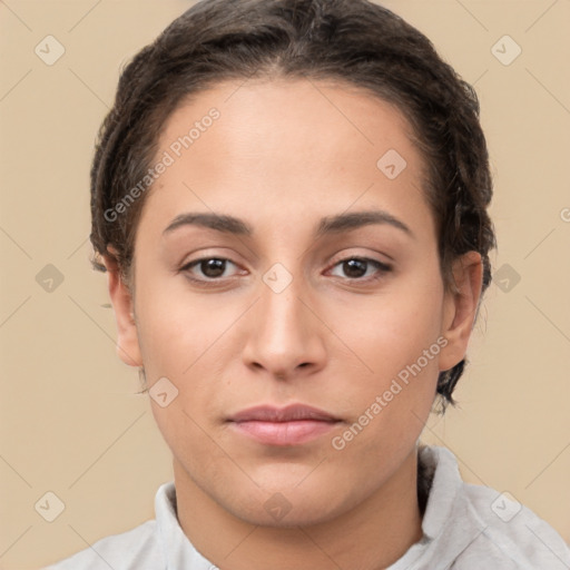 Neutral white young-adult female with short  brown hair and brown eyes