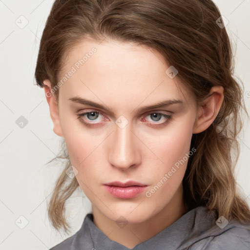 Neutral white young-adult female with medium  brown hair and grey eyes