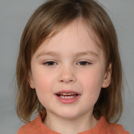 Joyful white child female with medium  brown hair and brown eyes