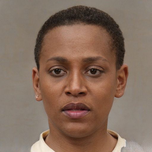 Neutral black young-adult female with short  brown hair and brown eyes