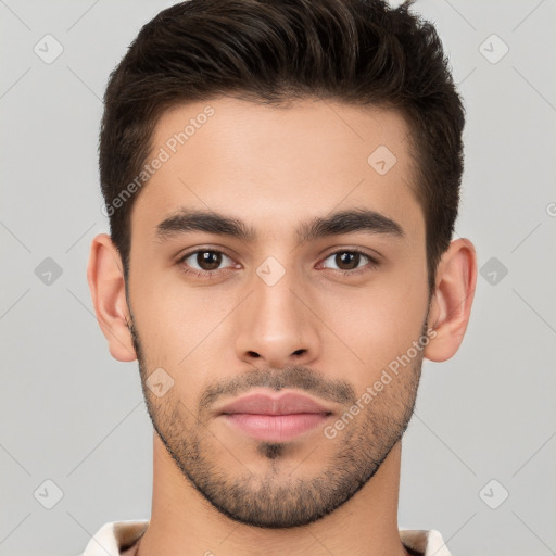 Joyful white young-adult male with short  brown hair and brown eyes