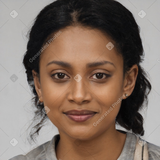 Joyful latino young-adult female with medium  black hair and brown eyes