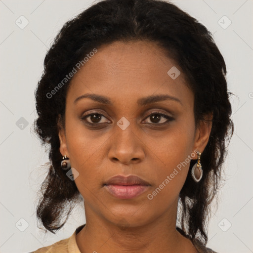 Neutral black young-adult female with medium  brown hair and brown eyes