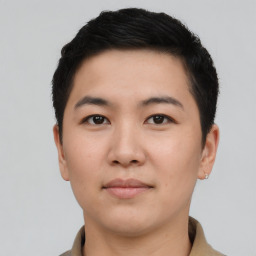 Neutral asian young-adult male with short  black hair and brown eyes