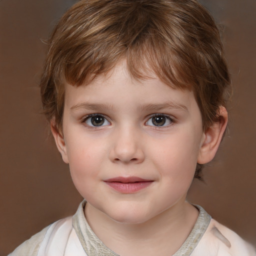 Joyful white child male with medium  brown hair and brown eyes