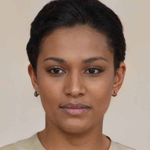 Neutral black young-adult female with short  brown hair and brown eyes