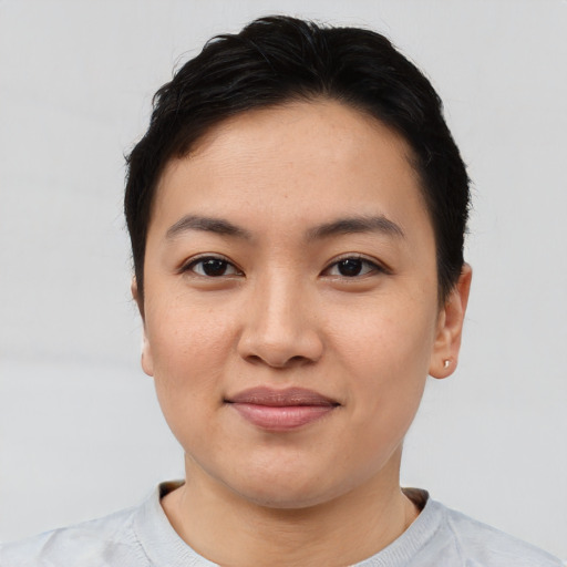 Joyful asian young-adult female with short  brown hair and brown eyes