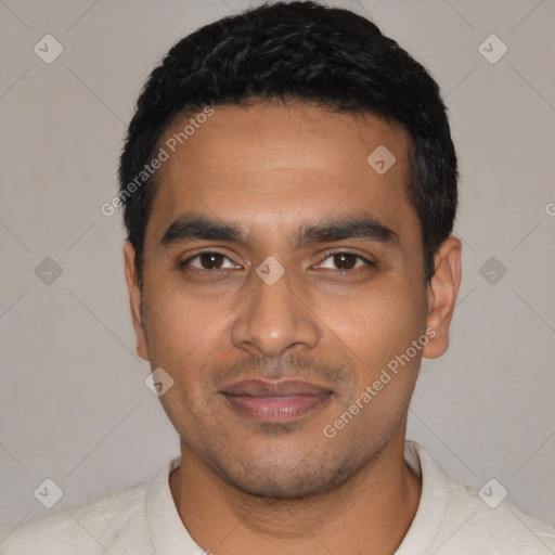 Joyful latino young-adult male with short  black hair and brown eyes