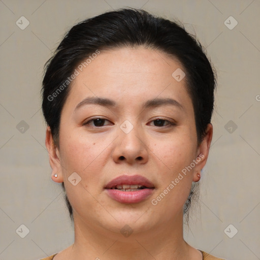 Joyful asian young-adult female with medium  brown hair and brown eyes