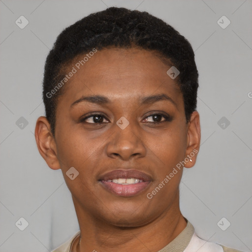 Joyful black young-adult female with short  brown hair and brown eyes