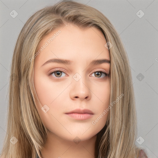 Neutral white young-adult female with long  brown hair and brown eyes