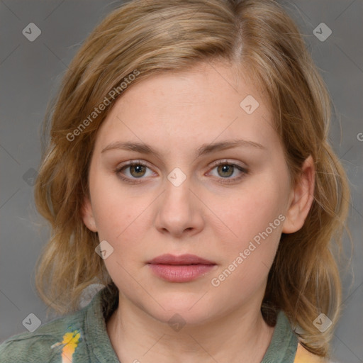 Neutral white young-adult female with medium  brown hair and brown eyes