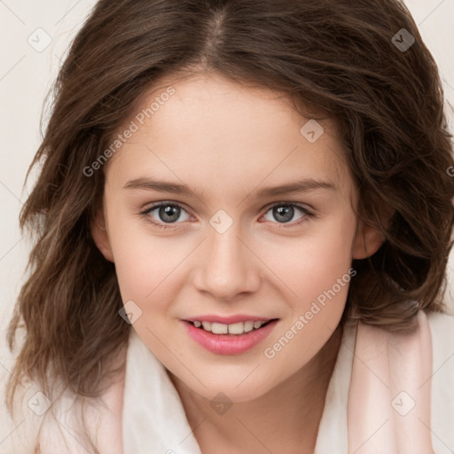 Joyful white child female with medium  brown hair and brown eyes