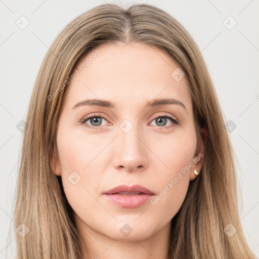 Neutral white young-adult female with long  brown hair and brown eyes