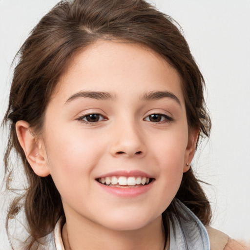 Joyful white child female with medium  brown hair and brown eyes