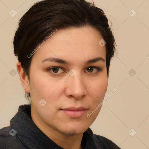 Neutral white young-adult female with short  brown hair and brown eyes