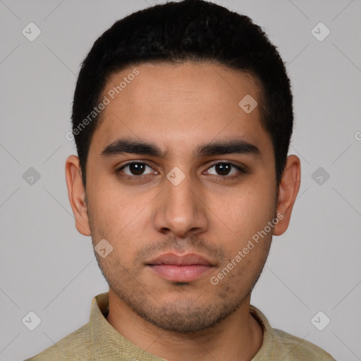 Neutral latino young-adult male with short  black hair and brown eyes