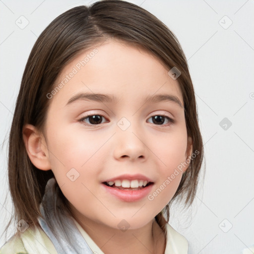 Joyful white child female with medium  brown hair and brown eyes