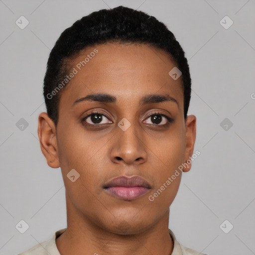 Neutral latino young-adult female with short  black hair and brown eyes