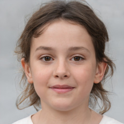 Joyful white child female with medium  brown hair and brown eyes