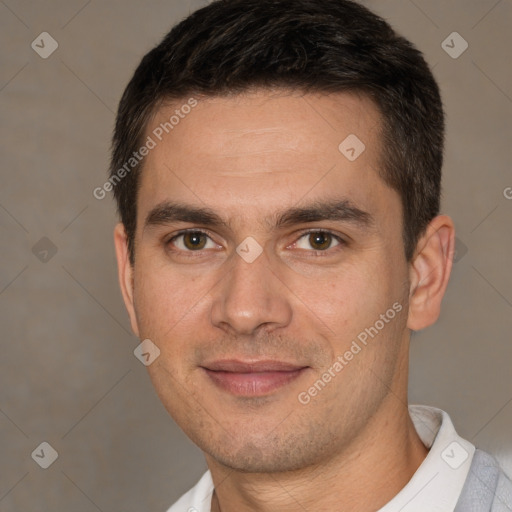 Joyful white young-adult male with short  brown hair and brown eyes