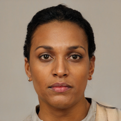 Neutral black young-adult female with short  black hair and brown eyes