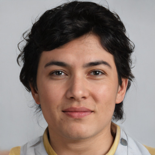 Joyful white young-adult male with medium  brown hair and brown eyes