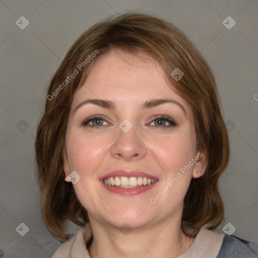 Joyful white young-adult female with medium  brown hair and blue eyes