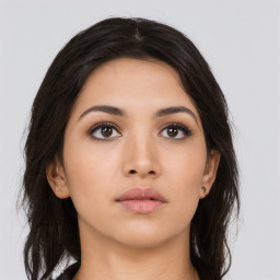 Neutral asian young-adult female with long  brown hair and brown eyes