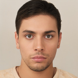 Neutral white young-adult male with short  brown hair and brown eyes