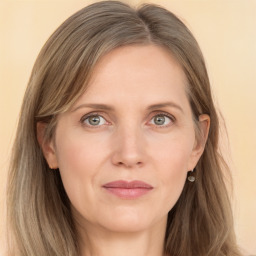 Joyful white adult female with long  brown hair and grey eyes