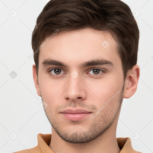 Neutral white young-adult male with short  brown hair and brown eyes