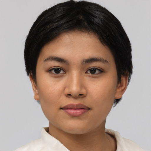 Neutral asian young-adult female with short  black hair and brown eyes
