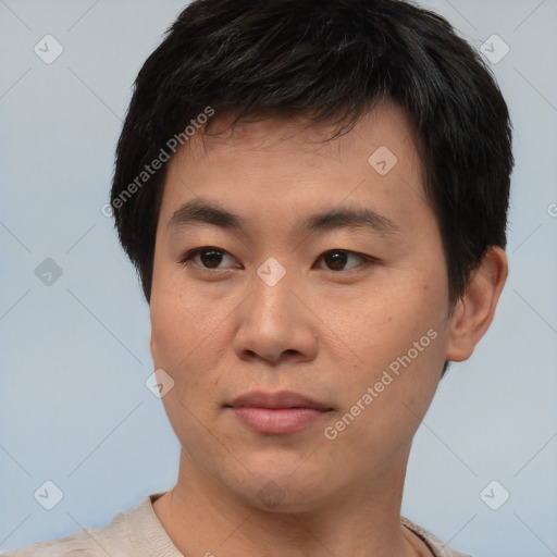 Neutral asian young-adult male with short  black hair and brown eyes